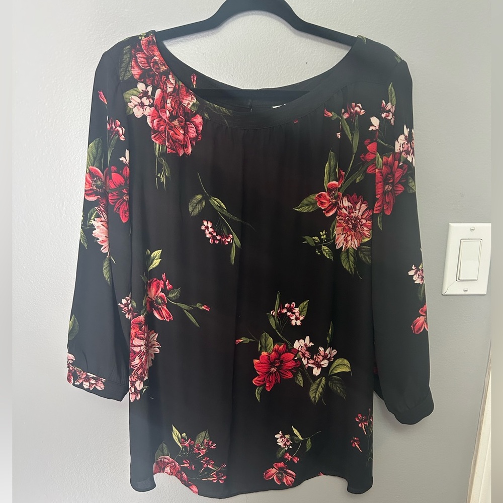 Reitmans Black Top with Red Floral Design